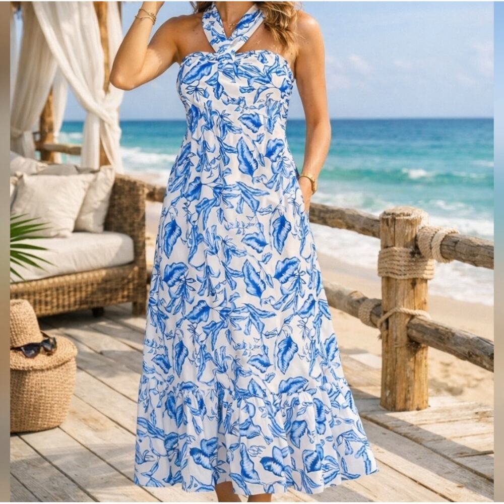 GRACE KARIN Dress Medium Floral Halter Resort Cruise Summer Pockets Sleeveless